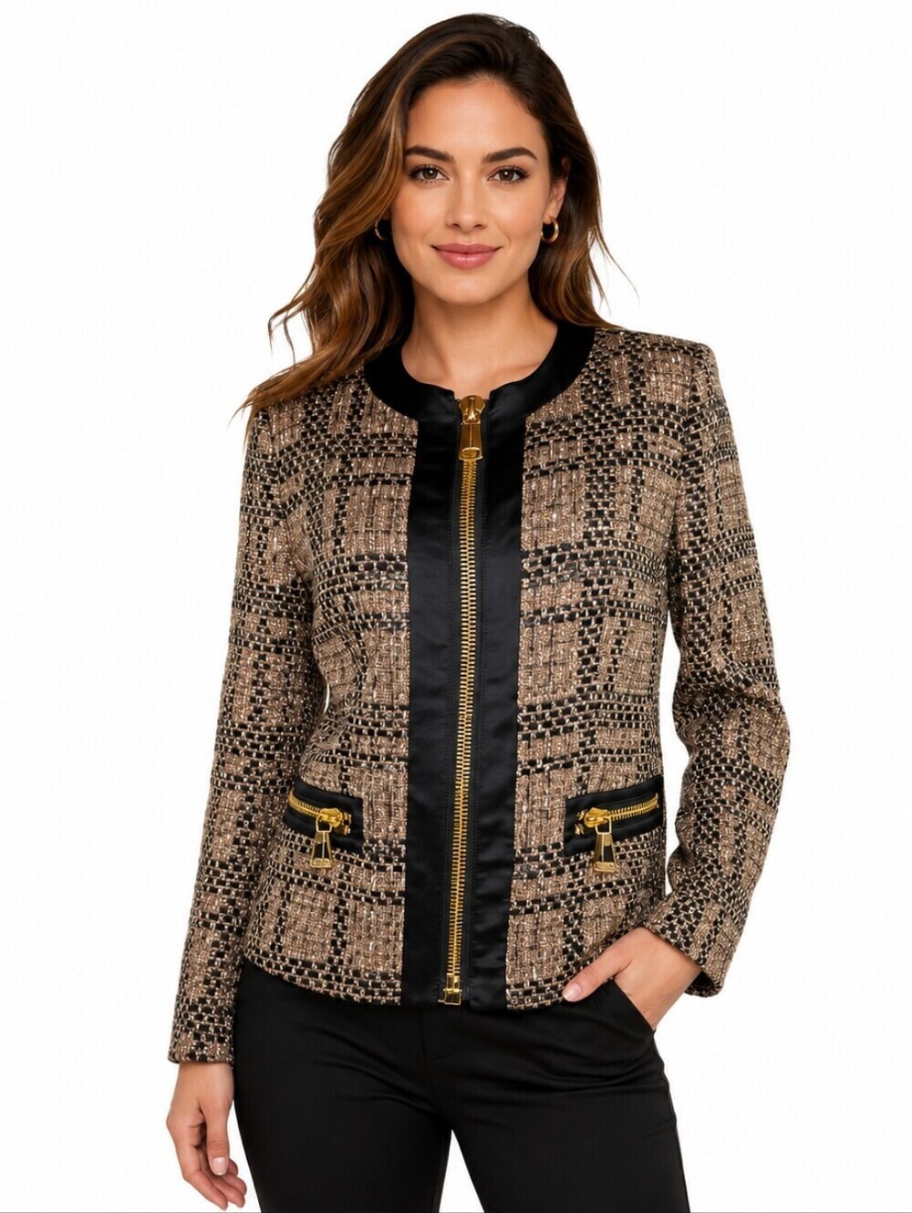 Les Copains Tweed Jacket 12 Brown Black Wool Blend Gold Zip Made Italy